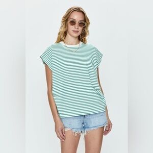 Pistola Green Striped Cap Sleeve Tee Relaxed Crew Neck Top Small
